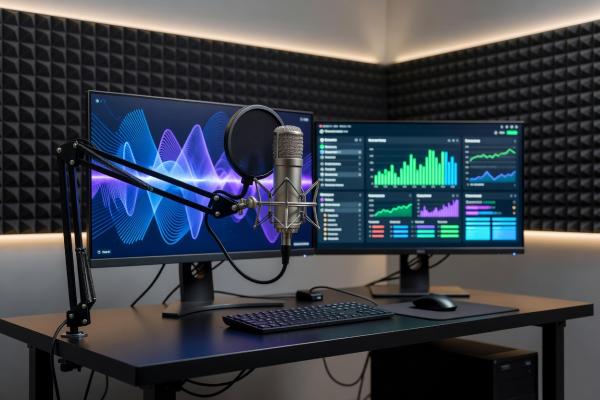 Live streaming setup with microphone and dual monitors