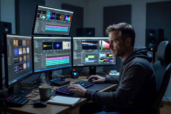 Video editor looking at multiple monitors